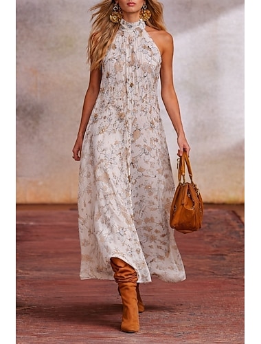  Damen Midikleid Sommerkleid A Linie Kleid Halterkleid Schulterfreies Kleid Urlaub Party Boho Outdoor Strand Party Blumen Grafik Ärmellos Neckholder Weiß Sommer Frühling Herbst