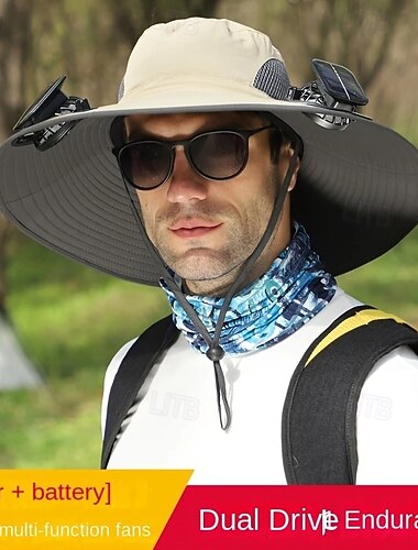  Chapeau ventilateur solaire avec 2 ventilateurs, double alimentation (solaire) &Chapeau de soleil rafraîchissant avec batterie intégrée, chapeau de pêche et de randonnée à large bord, protection UV