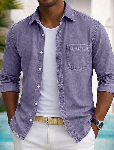  Herren Hemd Freizeithemd Verblasstes Hemd Stückgefärbt Hemd aus 100 % Baumwolle in Säurewaschung Schwarz Hellgrün Burgunderrot Marineblau Blau Langarm Einfach Hemdkragen Lässig Täglich Fronttasche