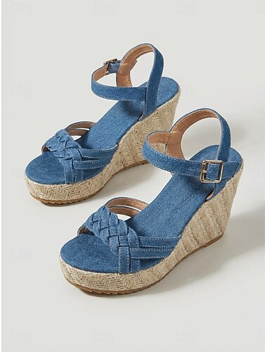  Sandales compensées en denim bleu pour femme - espadrilles à plateforme et brides tressées décontractées, avec boucle à la cheville, idéales pour les croisières de luxe et les séjours en station