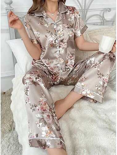  Mulheres Loungewear Conjunto de Pijama Moda Simples Casual Floral Pijama de cetim sedoso Cintura elástica Botões Calça Casa Férias Manga Curta Colarinho de Camisa Cáqui Verão Primavera Outono Normal