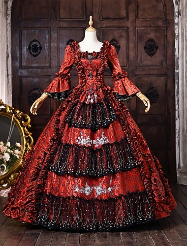  روكوكو باروكو منفوش طول الأرض فساتين منفوش أكمام طويلة أميرة زفافي ترتر ورد منفوش رقبة مربعة ملابس تنكرية نسائي رويال عيد الرعب مهرجان حفلة تنكرية