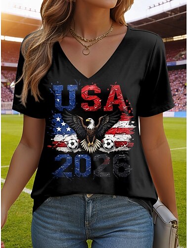  Damen T Shirt Druck Grafik Fussballteam Stilvoll Klassisch Lässig Kurzarm V Ausschnitt Normale Oberteile Täglich Blau Schwarz Weiß Rote Grün Sommer Frühling