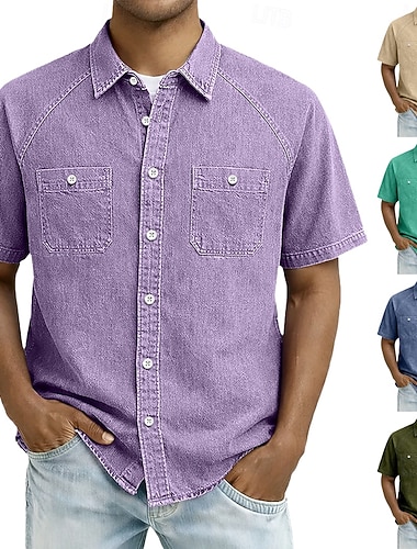  Herren Hemd Freizeithemd Knopfhemd Acid-Wash-Shirt 100% Baumwolle Schwarz Hellgrün Purpur Kaki Militßrgrün Kurzarm Einfach Hemdkragen Lässig Täglich Fronttasche Bekleidung Elegant Mode Lässig