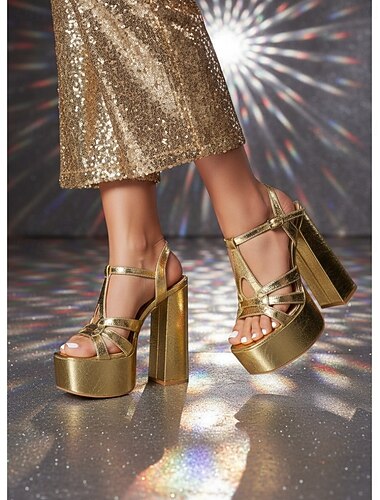  Damesplateauhakken in discostijl uit de jaren 70 - sprankelende, glinsterende sandalen met dikke hakken en T-bandjes voor Studio 54-feesten en nachtclubavonden. &glamoureuze retro outfits