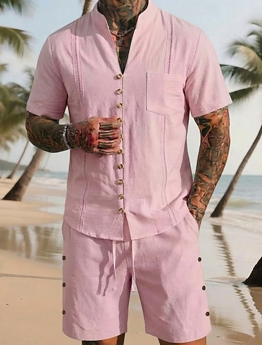  Herren Leinenhemd Zweiteilig Hemd Set Und Shorts Leinenshorts Strandshorts Set Einfach Lässig Täglich Outdoor V Ausschnitt Kurzarm Sommer Mode Lässig Bequem Bekleidung