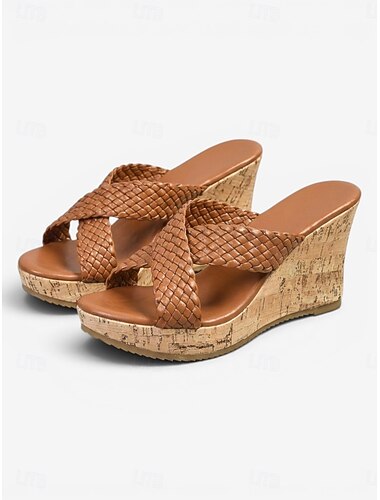  Bruine geweven sleehak sandalen voor dames - comfortabele espadrille platform muiltjes voor strandvakanties en eilanduitjes. &zomerse boho-stijl