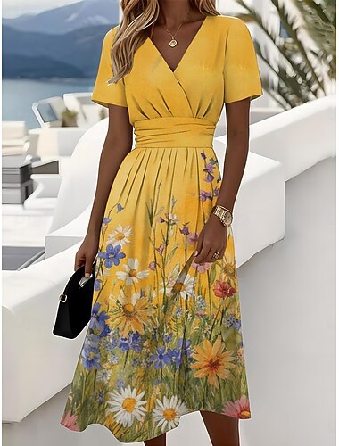  Mulheres Vestido midi Vestido de turno Férias Casual Boho Diário Vestido de verão vestido de primavera Normal Floral Gráfico Manga Curta Decote V Azul Amarelo Rosa Luz Vermelha Verão Primavera