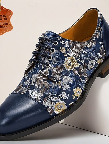  Chaussures habillées pour hommes en cuir véritable bleu à fleurs, à lacets, bout rapporté, élégantes et tendance, idéales pour les mariages, les banquets et les soirées.