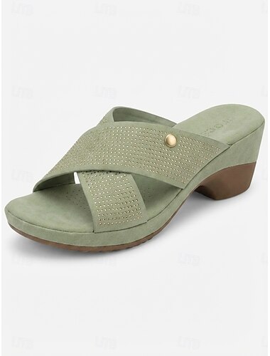  Gröna damsandaler med strassten och korsband – bekväma slip-on-sandaler med vadderad fotbädd och glittriga klackar med öppen tå för semester och trädgårdsfester &dagligt slitage