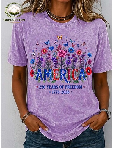  Amerykański Dzień Niepodległości koszula damska 100% bawełniana nadruk graficzny flagi stylowa podstawowa klasyczna krótki rękaw okrągły dekolt długie bluzki casualowe na co dzień niebieska różowa