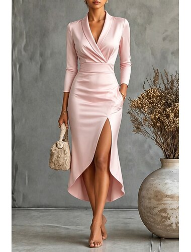  نسائي فستان ميدي فستان ستان فستان اسود فستان الحفلة فستان كوكتيل أنيق الحديث حفلة ليلية مناسب للحفلات عادي سهل كم طويل V رقبة أسود أبيض وردي بلاشيهغ نبيذ الخريف الشتاء