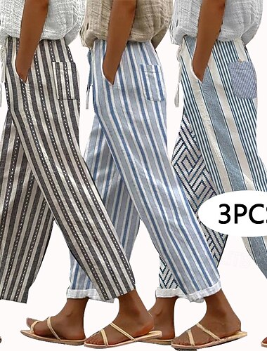  Multipack van 3 stuks damesbroeken met linnenlook, zomerbroek, casual broek, vakantiebroek, basic casual broek voor dagelijks gebruik, enkellengte, natuurlijke strepen, trekkoord, zijzakken, comfortabel, ademend, niet-elastisch, dagelijks gebruik