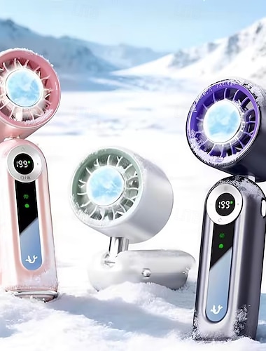 Ventilador portátil de mão com compressa fria, mini ventilador pessoal portátil com 100 velocidades e visor LED, ventilador pequeno dobrável e recarregável via USB para viagens, esportes, camping e