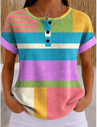  Dame T skjorte Grafisk Geometrisk Stilfull Klassisk Kortermet Crew-hals Vanlige topper Avslappet Daglig Gul Rosa Lys Lilla Sommer Vår
