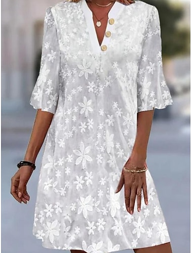  Damen Minikleid Spitzenkleid Weißes Kleid Elegant Mode Outdoor Urlaub Ausgehen Normale Passform Blumen Halbarm V Ausschnitt Weiß Sommer Frühling