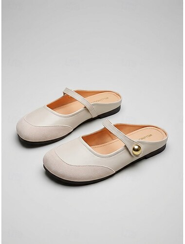  Chique crèmewitte muiltjes voor dames - comfortabele platte zool met gouden knoopbandje &Suède afwerking voor dagelijks gebruik, casual kantoor. &loungen binnen/buiten