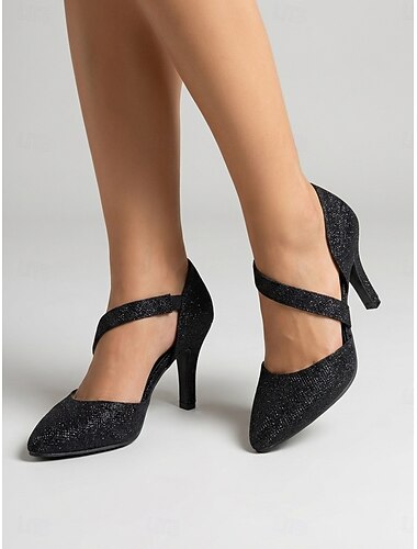  Sapatos Mary Jane pretos com glitter para mulheres - elegantes sapatos de salto alto de bico fino para a mãe da noiva, casamento na cidade. &eventos formais