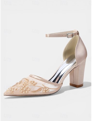  Women's Champagne Embroidered Block Heel Pumps – Elegant Cocktail Party Dress Shoes