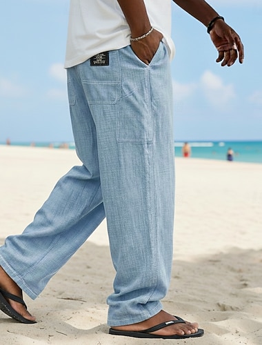  Herren Leinenhosen Hose Sommerhose Baggy-Hosen Strandhose Kordelzug Elastischer Bund Gerader Schnitt Einfarbig Bequem Atmungsaktiv Volle Länge Täglich Strand Ferien Urlaub Mode Blau Schwarz