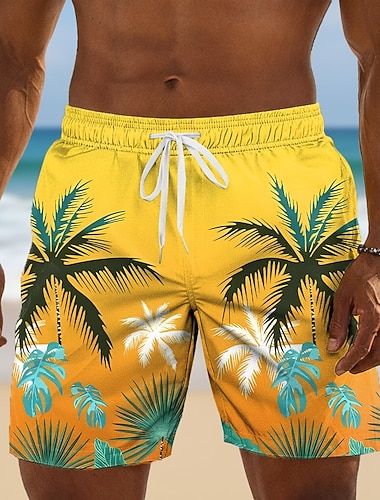  男性用 ココナッツの木 グラデーションカラー 熱帯植物 スイムトランク 水着 スイムショーツ ボードショーツ ミディアムウエスト ハワイアン アウトドア ビーチでの休暇 サイドポケット メッシュライニング 伸縮性のあるドローストリングウエスト デザイナー 衣類