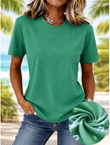  Damen T Shirt T-Shirt Einfach Mode Stilvoll Basic Kurzarm Rundhalsausschnitt Normale Oberteile Täglich Ausgehen Wochenende Schwarz Weiß Rosa Rote Marineblau Sommer Frühling Ice silk cool feeling