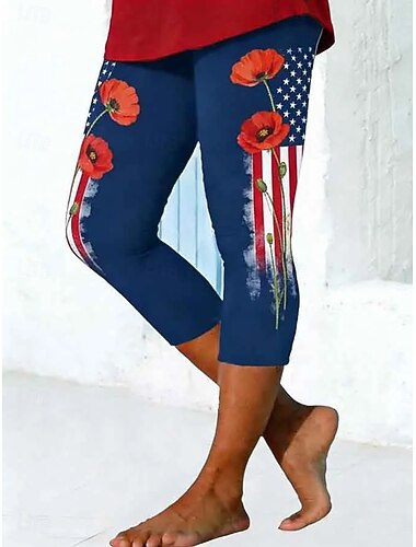  Femmes Chinos Leggings Vacances Mode Streetwear Capris Taille hautePantsJour de l'Indépendance américaine Fleuri Graphique Drapeau Américain Imprimé Confort Doux Confortable Élastique Quotidien