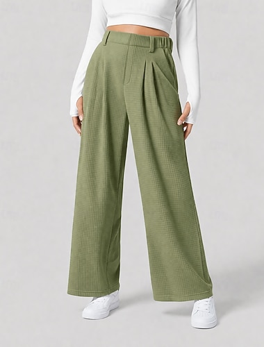  Damen Waffel Weites Bein Chinos Urlaub Volle Länge Hohe Taille Komfort Mikroelastisch Täglich Blau Dunkelblau Aprikose Schwarz Frühling Lässiger Schnitt