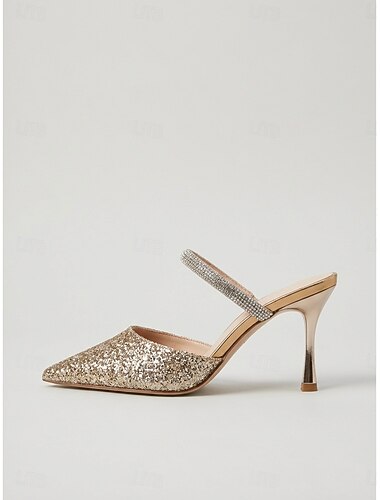  Damesmuiltjes met gouden glitter en hoge hakken, stiletto pumps met spitse neus voor cocktailparty's en bruiloften. &avondevenementen