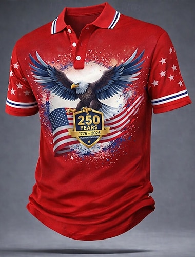  4. Juli 2026 250. Herren Amerikanische US-Flagge Poloshirts Kurzarm Polo-Shirts Hemden mit Kragen Lässig Streetwear Athleisure Knöpfe Atmungsaktives Gewebe Frühling & Sommer Blau Rote Grau