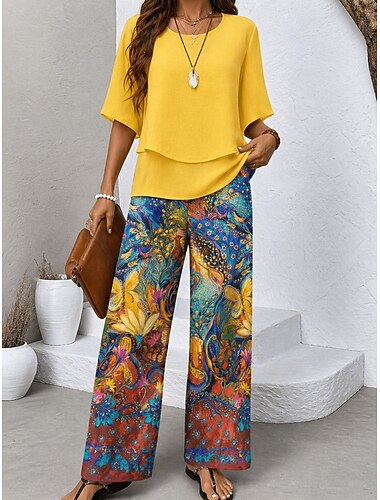  Per donna Set di Pantaloni Mezza Manica A farfalla Girocollo Floreale Grafico Elegante Vacanza Casuale Quotidiano Spiaggia Blu Giallo Primavera & Estate Vestibilità comoda