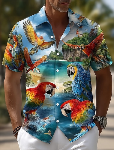  Herre Fugl Tropiske blomster Papegøye Skjorte Hawaiiskjorter Tropiske skjorter Kortermet Hawaiisk Strand Feriereise Sommer Vår Aftæpning 3D-utskrift Skjorter med knapper Blå Blå 1# Gul
