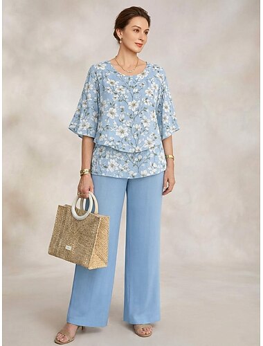  Dámské Sady kalhot Poloviční rukáv Motýl Kulatý Květinový Grafika Elegantní prázdniny Ležérní Denní Dovolená Vodní modrá Světlá růžová Fialová Jaro léto