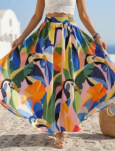  Damen Urlaubsrock Elegant Mode Sommer Maxi Hohe Taille Röcke Grafik Farbblock Gerafft Druck Mikroelastisch Täglich Strand Blau Sommer 100% Polyester
