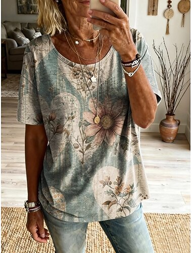  女性用 Tシャツ プリント フラワー グラフィック 植物 ヴィンテージ スタイリッシュ クラシック 半袖 Ｖネック レギュラートップス カジュアル 日常 週末 ダスティブルー ライトパープル 夏 春