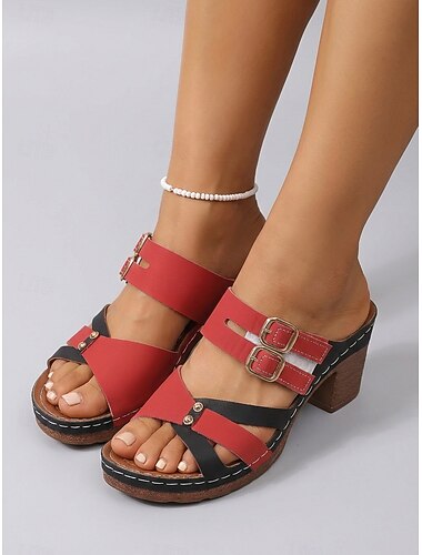  Färgblocksandaler med öppen tå och blockklack för kvinnor – bekväma mule-klackar med dubbla spännen för vardagsbruk, trädgårdsfest, resor och vardagliga utflykter