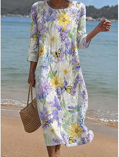  Dam Midiklänning Solklänning Sommarklänning Semester Ledigt Boho Strand Helgdag Normal Blommig Grafisk 3/4 ärm Rund hals Blå Rodnande Rosa Purpur Sommar Vår