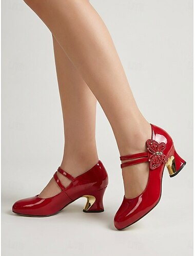  Sapatilhas Mary Jane femininas em verniz vermelho vibrante, com salto bloco e bico redondo, com detalhe de borboleta, perfeitas para o dia a dia. Estilo vintage moderno. &elegância de escritório