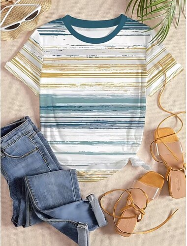  Mulheres Camiseta Imprimir Listrado Gráfico Geométrica Listrado à moda Clássico Casual Manga Curta Gola Redonda Tops regulares Casual Diário Branco / azul Roxo Verão Primavera