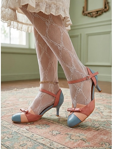  Damen-Vintage-Kleid aus den 1950er Jahren, blau &Pinkfarbene Mary Janes im Color-Blocking-Stil – elegante Kitten Heels mit Schleifenverzierung für Retro-Teepartys und Sommerhochzeiten &klassische