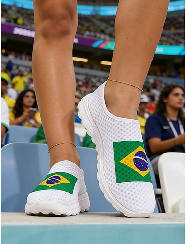  Slip-on-sneakers med brasiliansk flagg til dame – lette, pustende fritidssko for fotballfans, reiser og sommerantrekk