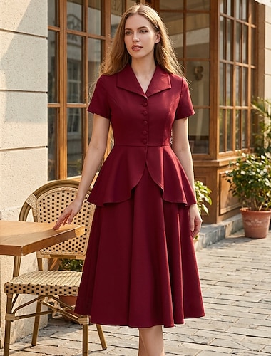  Set Années 1950 Rockabilly Midi Jupe Chemise Manches courtes Couleur Unie Ligne A Col en V Déguisement Femmes Saint-Valentin Occasionnel Tenue Quotidienne Fête du thé Adulte Chemise Jupe Printemps