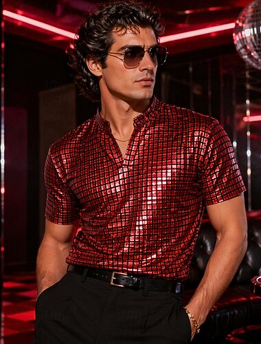  Rétro Vintage Disco Années 1980 T-shirt T-shirt POLO Manches courtes Disco Couleur métalique brillante Métallique À carreaux Déguisement Homme Carnaval Soirée Bar Adulte Chemise Printemps & Été
