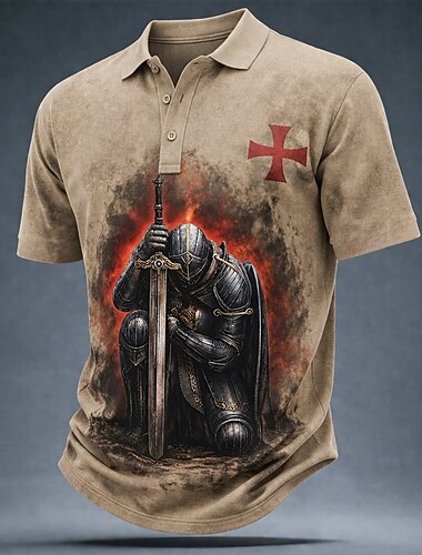  Men's Knights Templar Crusaders Polo Shirts Short Sleeve Polo Shirts Lapel Vintage Casual Street Athleisure Daily Wear 3D Print Buttons Breathable Mesh Summer Spring Black White Red