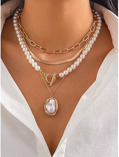  Dames bohemian kettingenset met 4 lagen imitatieparels, goud- en zilverkleurige legering met parelhangers en gelaagde kettingen, perfect voor strandvakanties, resortstijl en alledaagse casual kleding.