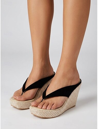  Sandales compensées noires à entre-doigts pour femmes - élégantes sandales à plateforme en daim avec semelle espadrille tressée, idéales pour les vacances sur les îles et les escapades tropicales à la