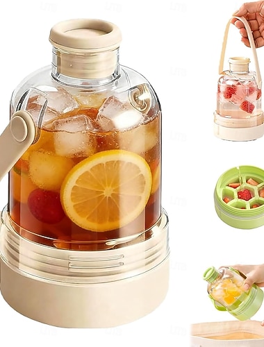  Multifunktionale, transparente Wasserflasche mit Eiswürfelbehälter, 2-in-1-Eiswürfelflasche mit Griff, tragbarer, berührungsloser Eiswürfelbereiter mit Ein-Klick-Entriegelung für Reisen,