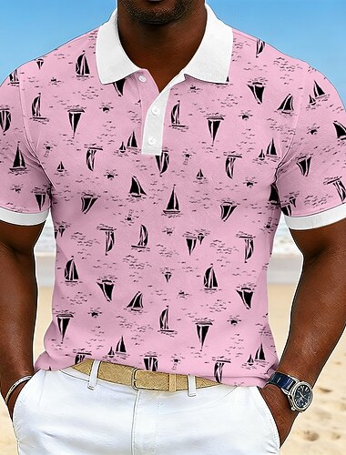  男性用 グラフィック ハワイアンポロシャツ 半袖 ポロシャツ 襟付きシャツ カジュアル アスレイジャー バケーションウェア 3Dプリント ボタン 高通気性メッシュ 春夏 ブルー ホワイト ピンク