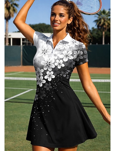  Damskie Gradient Kwiatowy Sukienka do tenisa Sukienka sportowa Krótki rękaw Kwiaty Nadruk Oddychający Bransoletka tenisowa Golf Badminton Kołnierz Kołnierz polo Sukienka Czarny i biały Odzież tenisowa