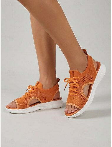  סנדלי ספורט כתומים עם שרוכים לנשים - חלק עליון סריג נושם, סנדלי הליכה קלים עם אצבע פתוחה לקיץ ולטיולים &לבוש יומיומי